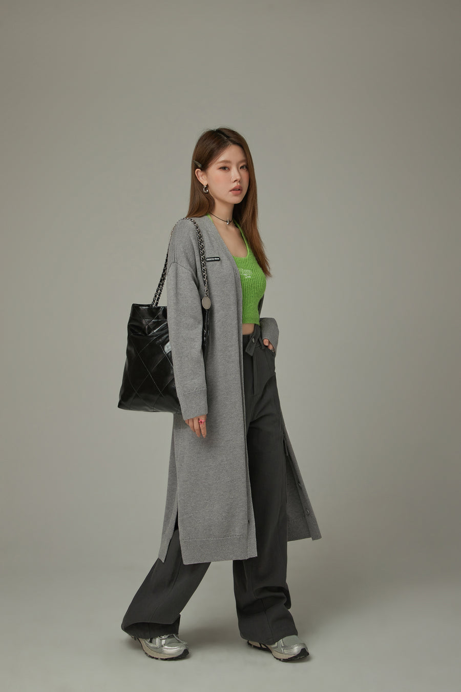 CHUU Slit Wrap Button Knit Long Cardigan