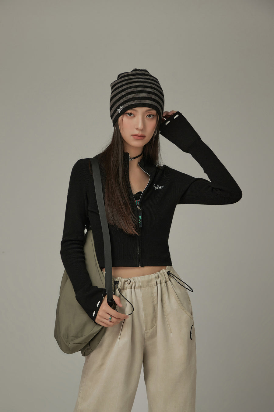 CHUU Slim Zip-Up Knit Cardigan