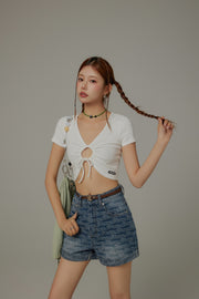 Chuu Lettering Pattern Rolled Denim Shorts