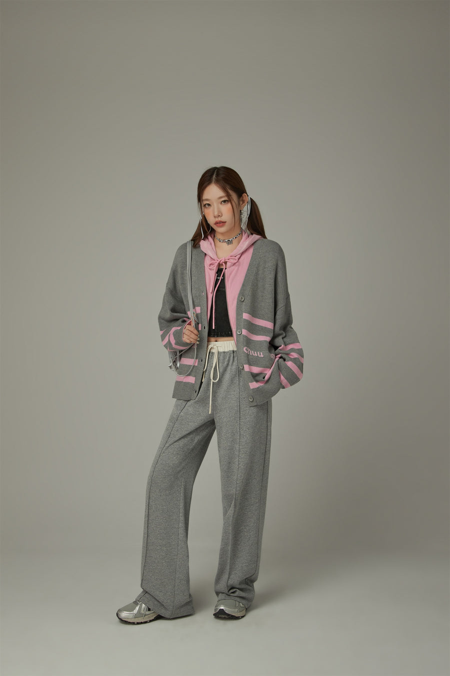 CHUU Lettering Striped Knit Cardigan