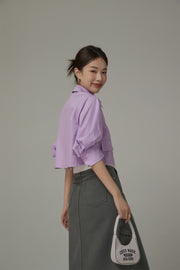 Puffy Sleeve Colored Pocket Crop Shirt