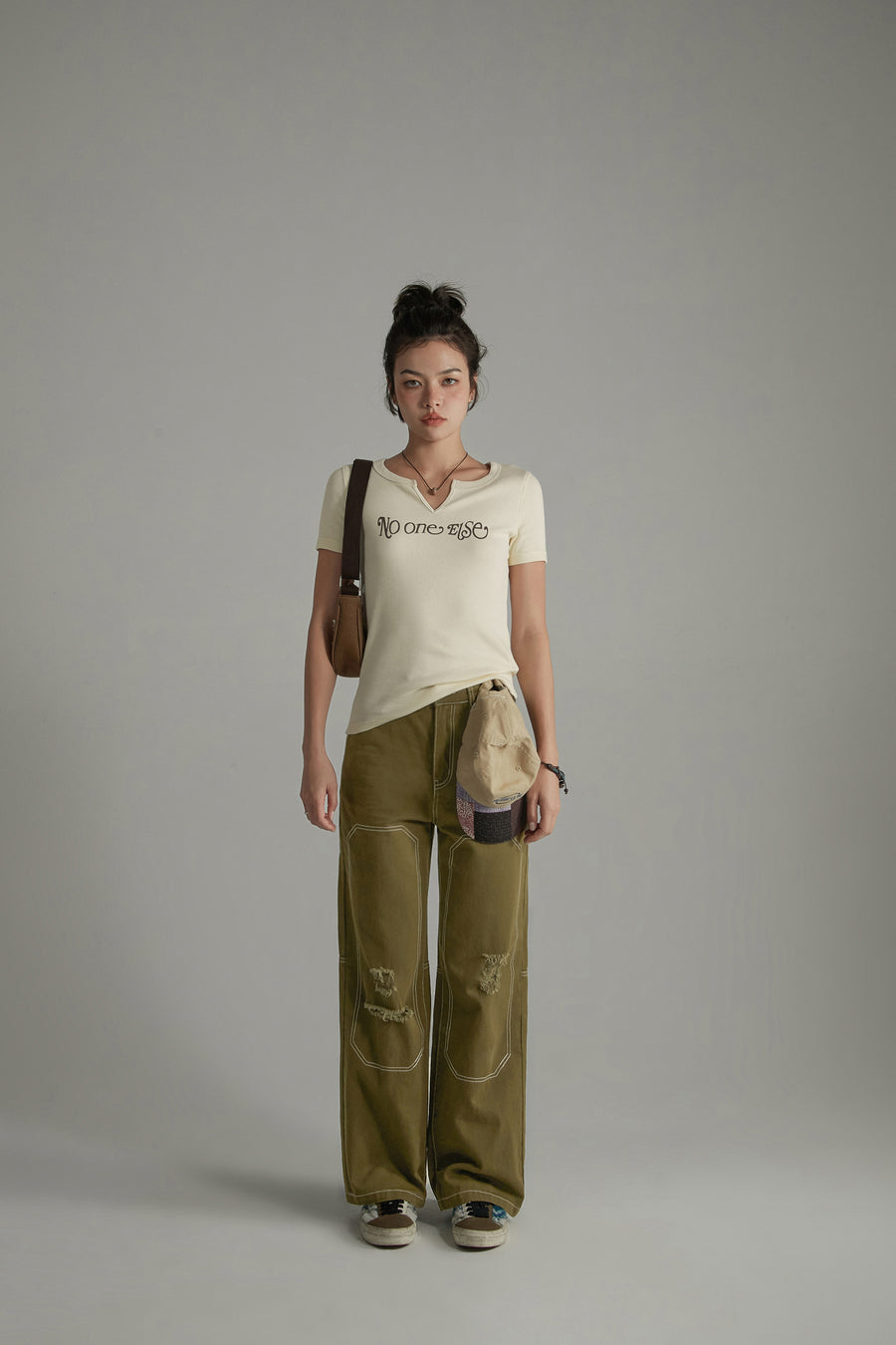 CHUU Distressed Ripped Outlined Cotton Wide Pants