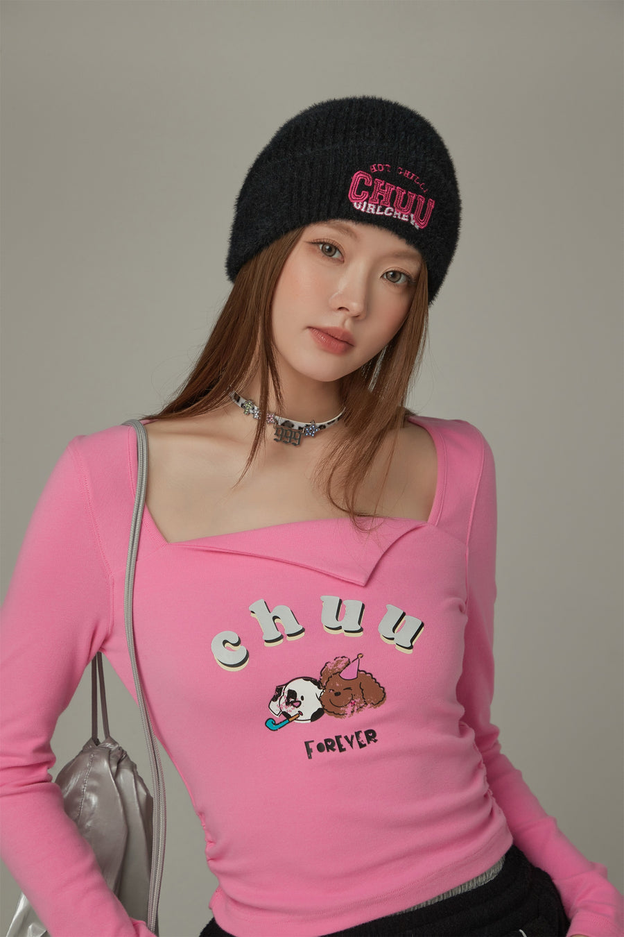 CHUU Logo Puppy Shirring Color T-Shirt