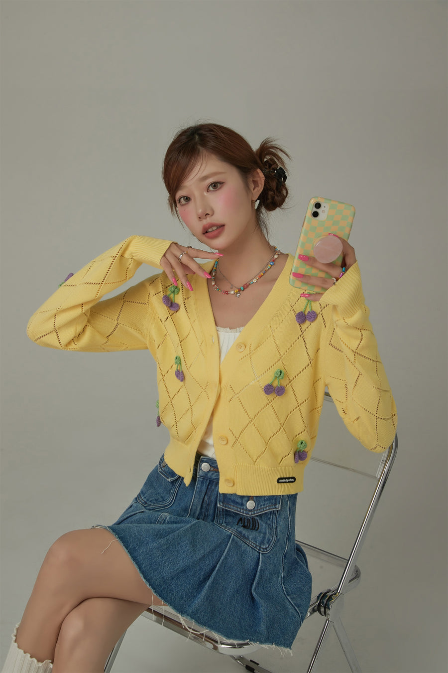 CHUU Argyle Knit Cherry Button Cardigan