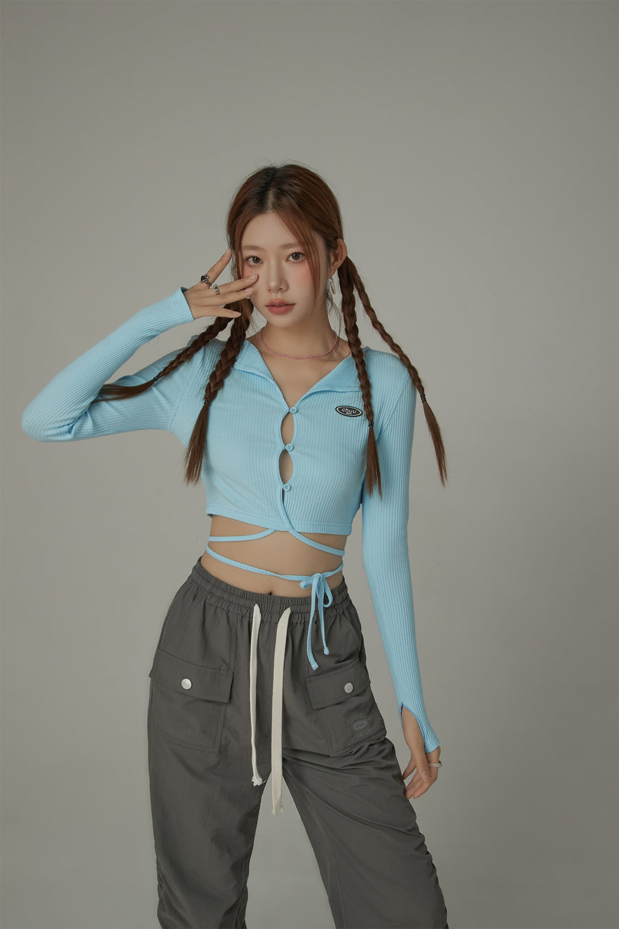 CHUU Ribbed Front Keyhole Long Sleeve Criss Cross Top