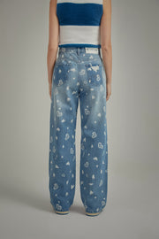 Heart Pattern Wide Denim Jeans