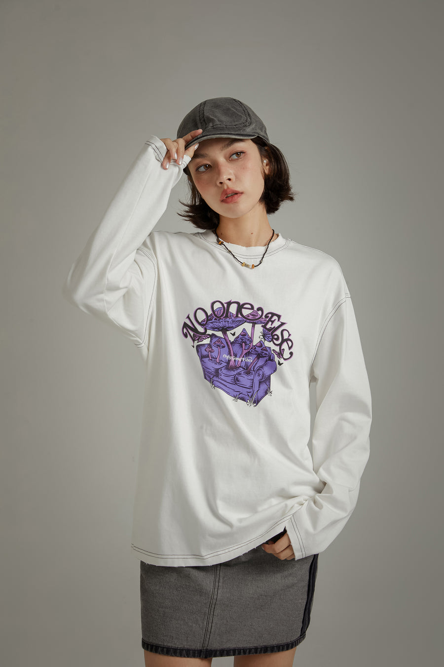 CHUU Printed Boxy Mushroom Long Sleeve T-Shirt