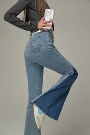 Criss Cross Belt Two Toned Bootcut Denim Pants