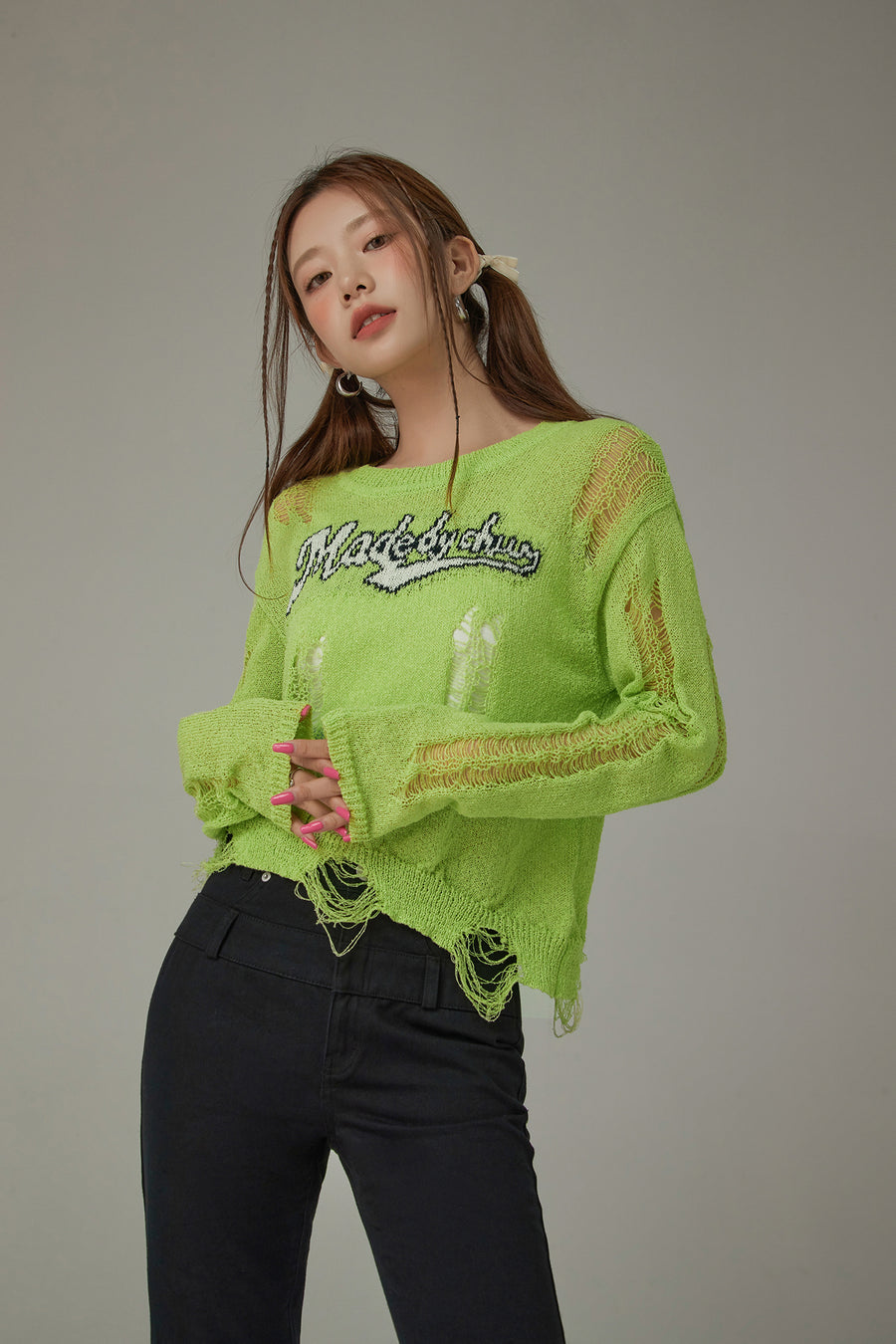 CHUU Distressed Long Sleeve Unbalanced Knit Top