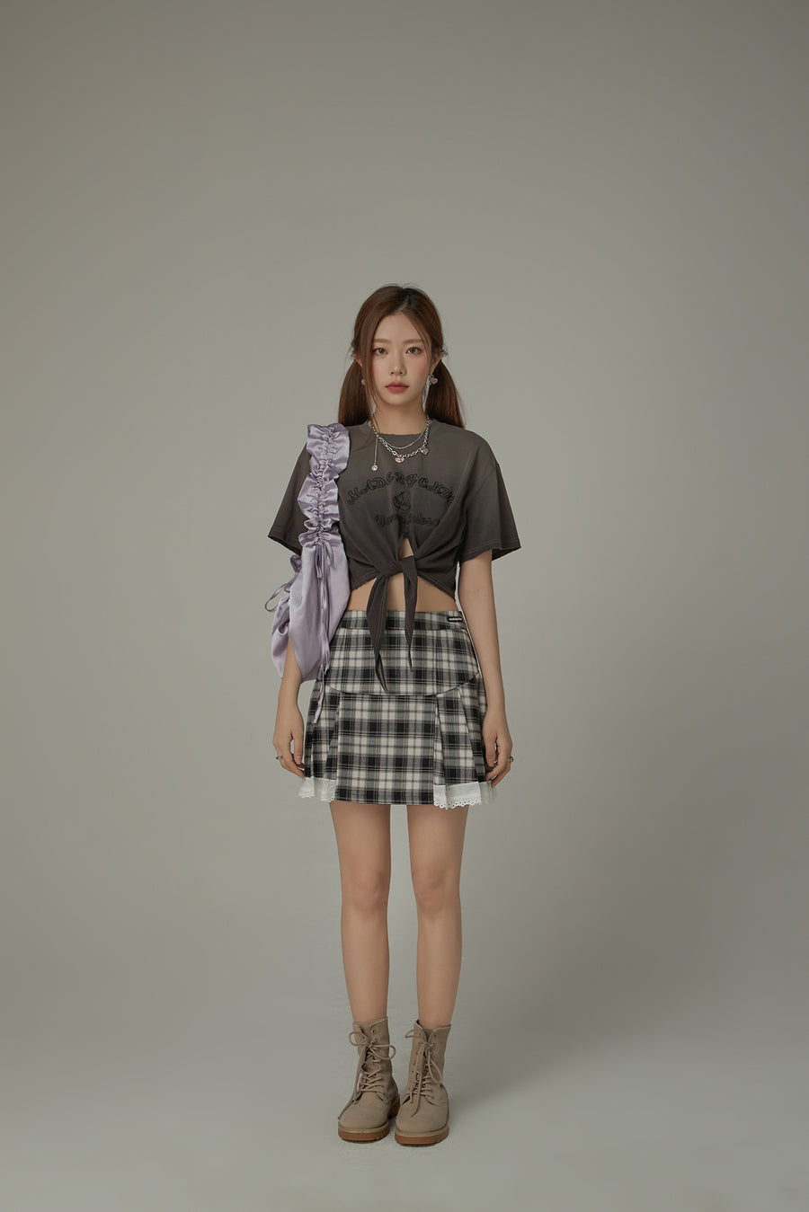 CHUU Gradient Short Sleeve Ribbon Tie Up Crop T-Shirt