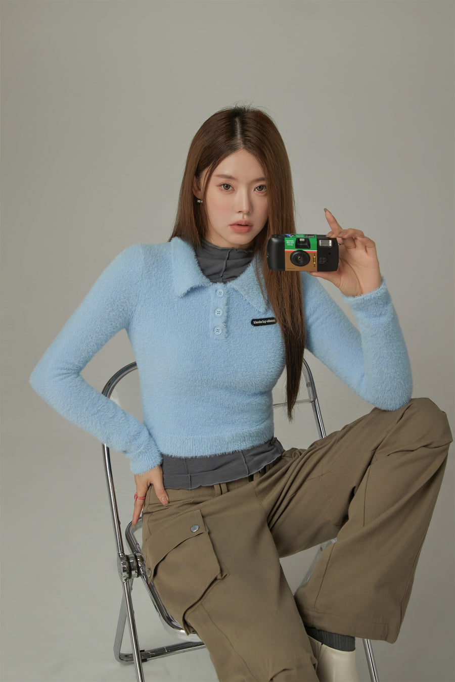 CHUU Polo Neck Crop Knit Top