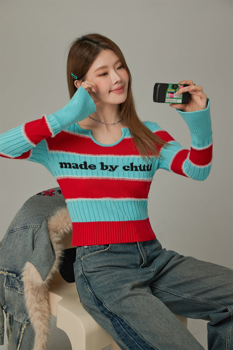 CHUU Logo Color Stripe Knit Sweater