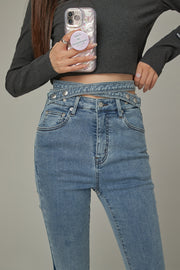 Criss Cross Belt Two Toned Bootcut Denim Pants