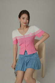 Ribbed Color Blocked Button Short Sleeve Cardigan