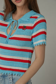 Stripe Ribbon Keyhole Knit Top