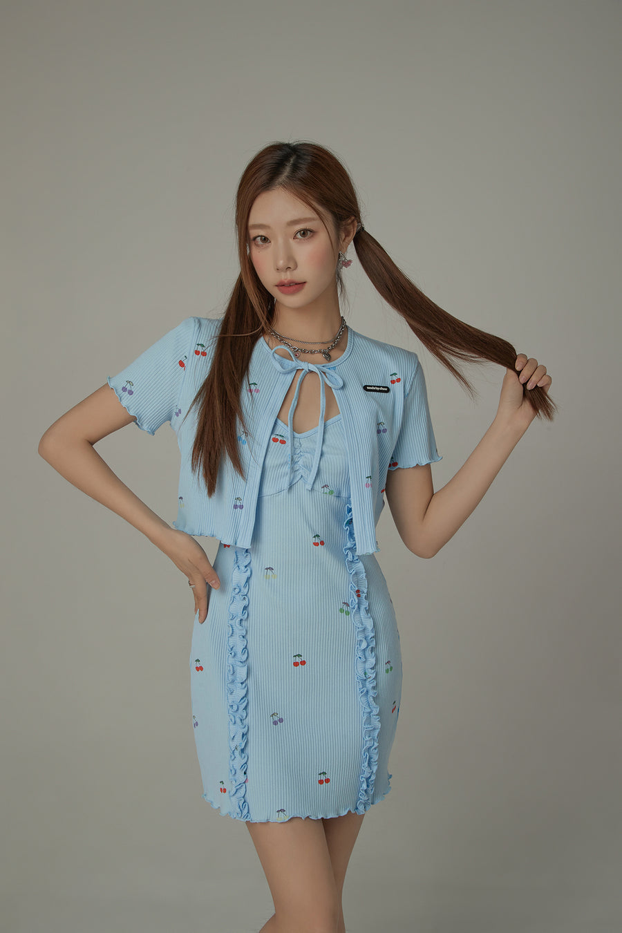 CHUU Cherry Ribbon Tie Short Sleeve Cardigan