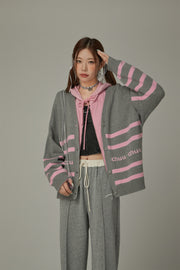 Lettering Striped Knit Cardigan