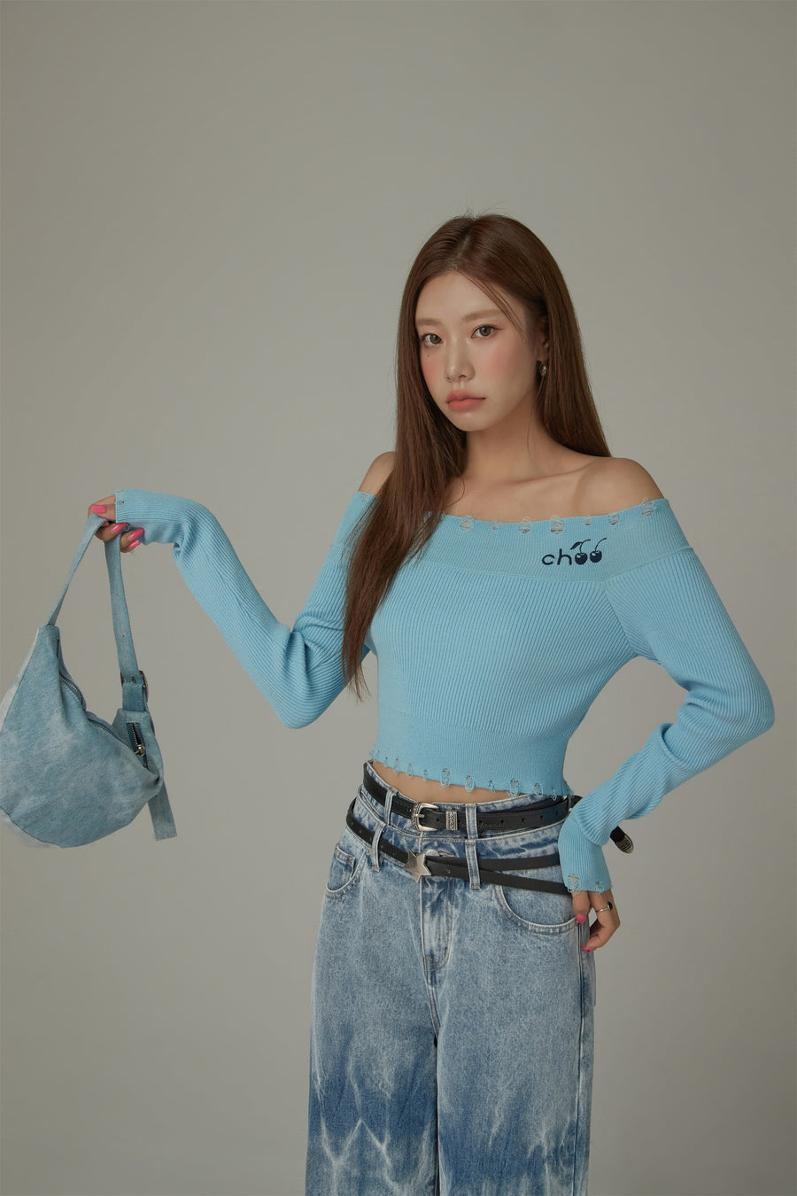 CHUU Cherry Off Shoulder Distressed Hem Knit Sweater