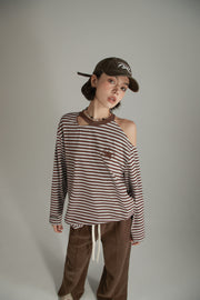 Color One Open Shoulder Stripe T-Shirt