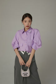 Puffy Sleeve Colored Pocket Crop Shirt