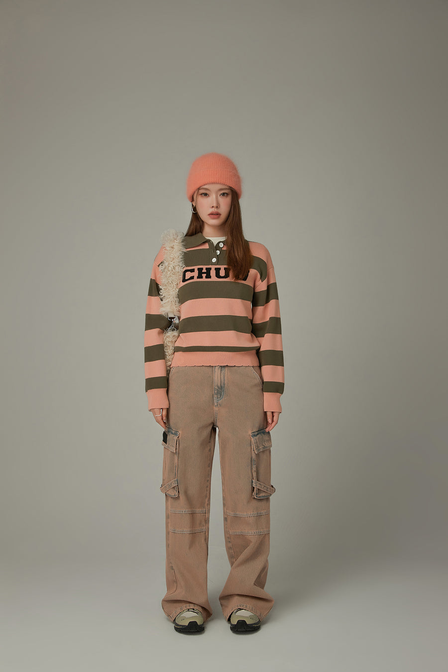 CHUU Polo Neck Striped Knit Top