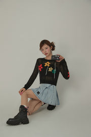 Colorful Flowers Crop Knit Sweater