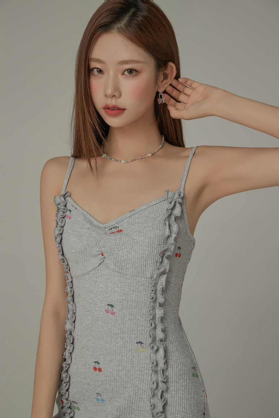 CHUU Cherry Printed Frilly Bustier Sleeveless Strap Mini Dress