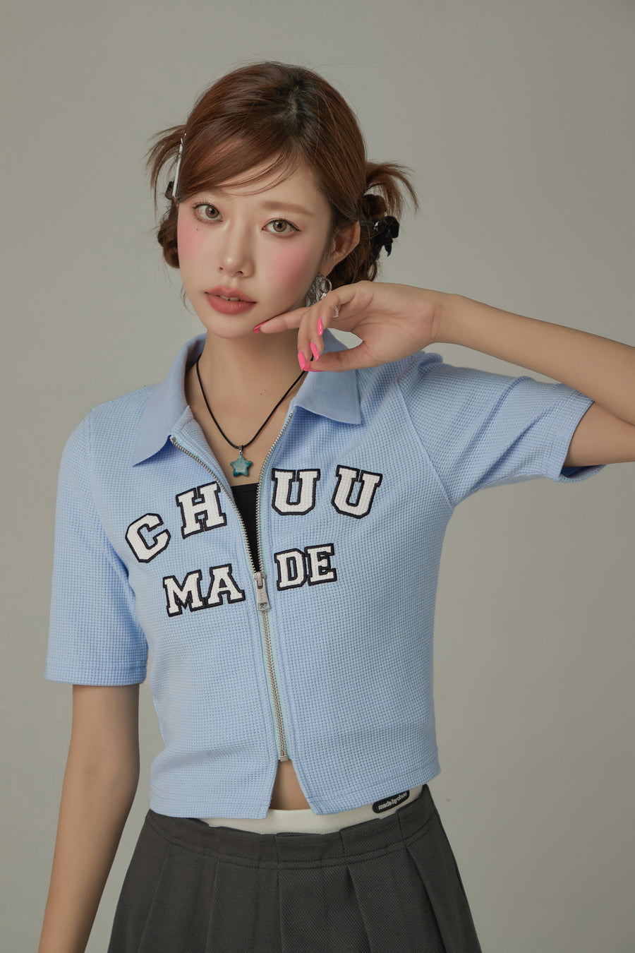 CHUU Logo Color Waffle Short Sleeve Zip-Up Top