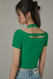 Halter Neck Banding Basic Short Sleeve Knit Crop Top