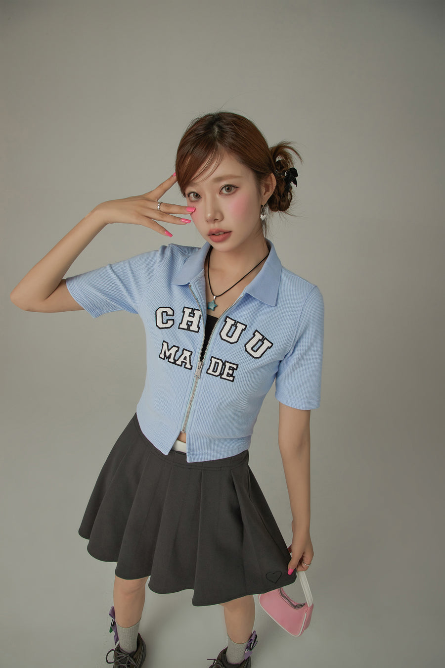 CHUU Logo Color Waffle Short Sleeve Zip-Up Top