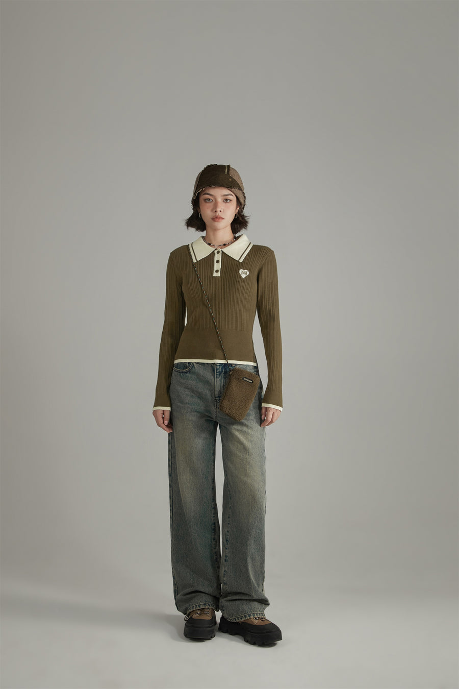 CHUU Polo Neck Color Combination Knit Top