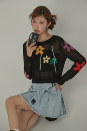 Colorful Flowers Crop Knit Sweater