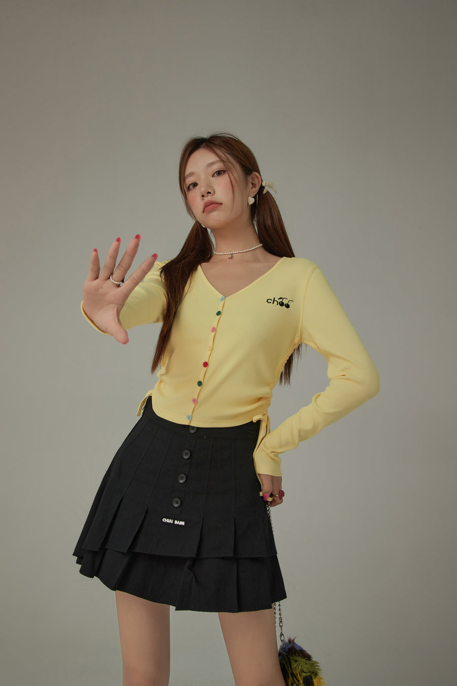 CHUU V- Neck Rainbow Button Logo Tie Up Top