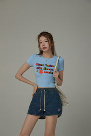 Size Doesnt Matter Colorful Embroidered Slim Crop T-Shirt