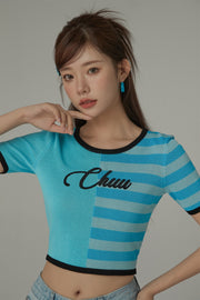 Chuu Lettering Half Striped Colorblocked Knit Crop Top