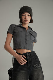 Colored Pocket Cropped Button Shirt