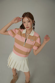 Half Zip-Up Color Stripe Collar Top