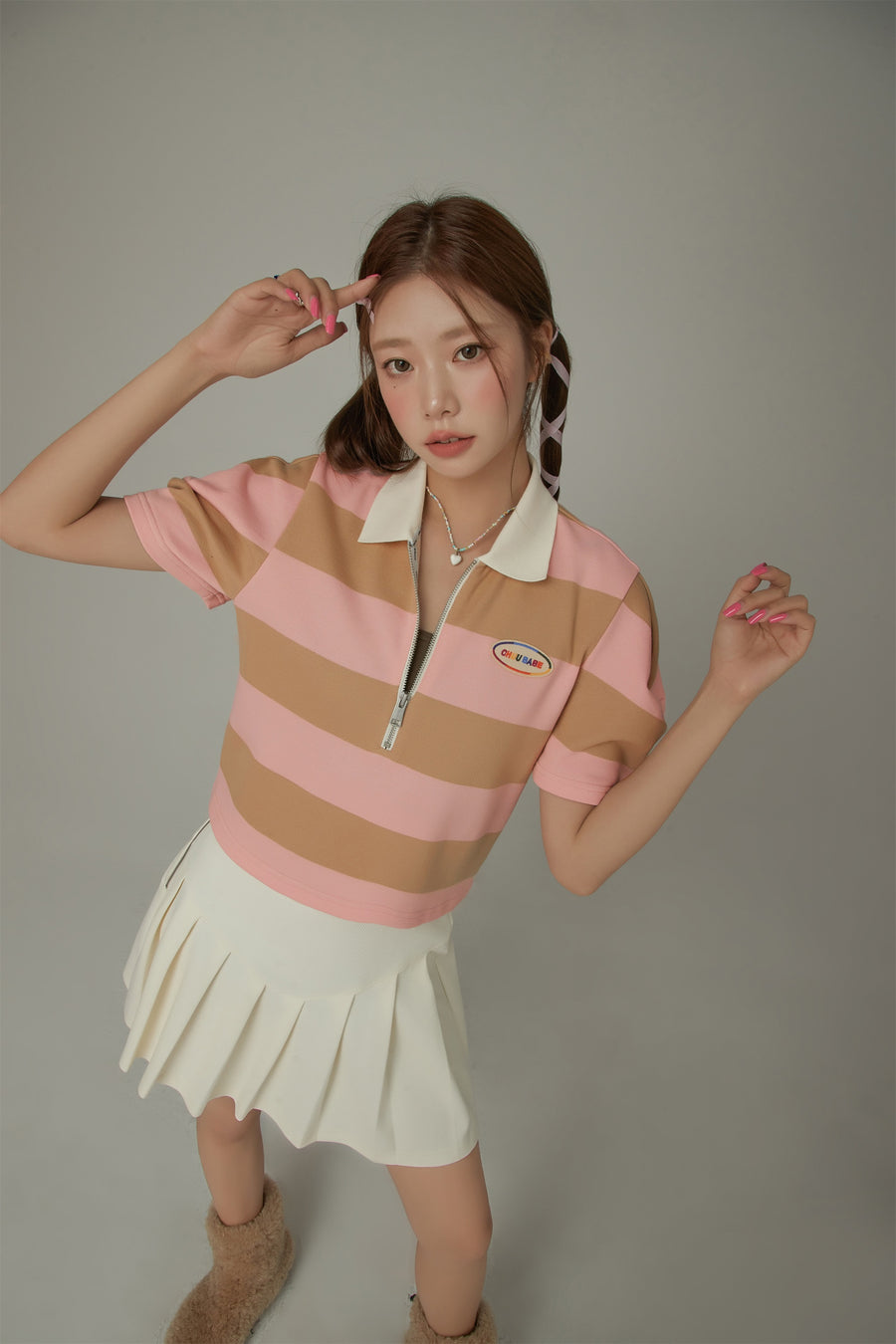 CHUU Half Zip-Up Color Stripe Collar Top