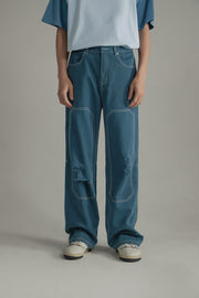 Distressed Ripped Outlined Cotton Wide Pants