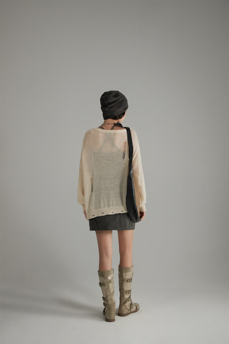 CHUU Distressed Ripped Thin Long Sleeved Knit Sweater