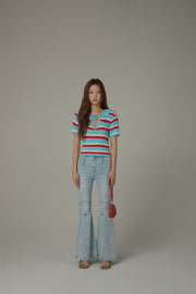 Stripe Ribbon Keyhole Knit Top