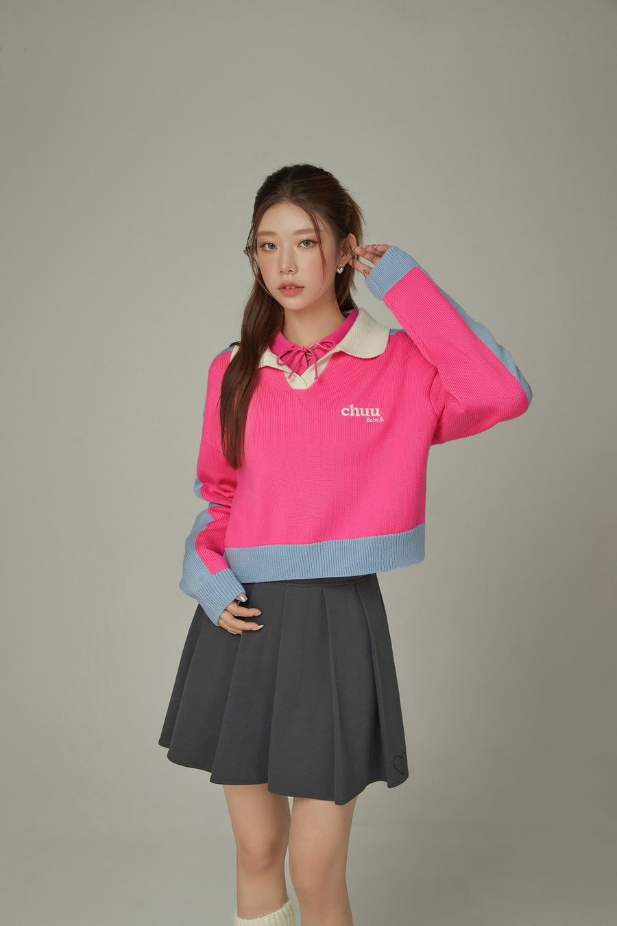 CHUU Open Collar Color Knit Sweater