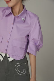 Puffy Sleeve Colored Pocket Crop Shirt