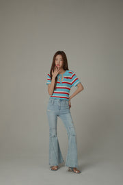 Stripe Ribbon Keyhole Knit Top