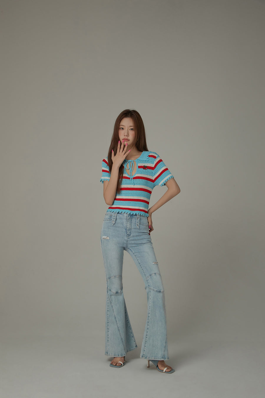 CHUU Stripe Ribbon Keyhole Knit Top