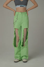 High Waist Distressed Ripped Open Wide-Leg Pants