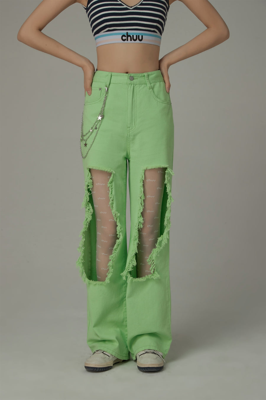 CHUU High Waist Distressed Ripped Open Wide-Leg Pants