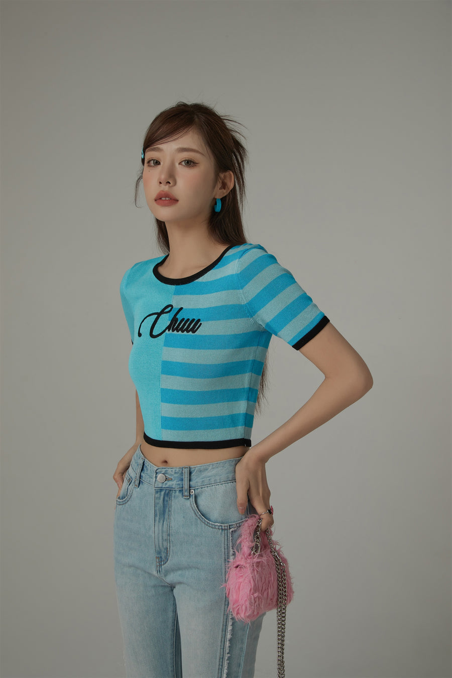 CHUU Chuu Lettering Half Striped Colorblocked Knit Crop Top