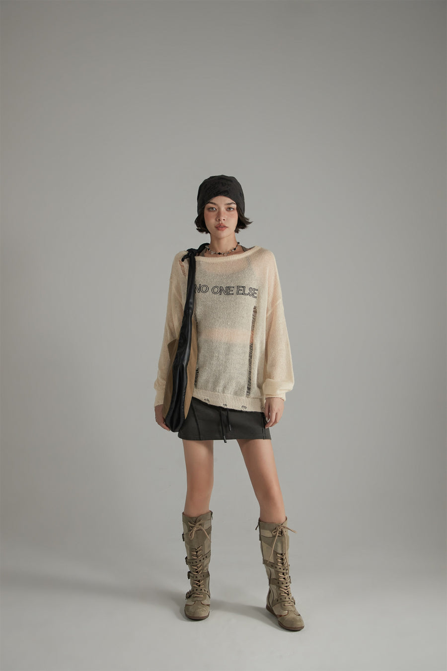 CHUU Distressed Ripped Thin Long Sleeved Knit Sweater