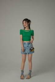 Halter Neck Banding Basic Short Sleeve Knit Crop Top